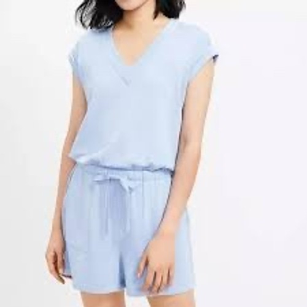 Lou & Grey Romper V-Neck Drawstring Waist Pockets Casual Blue Size L
